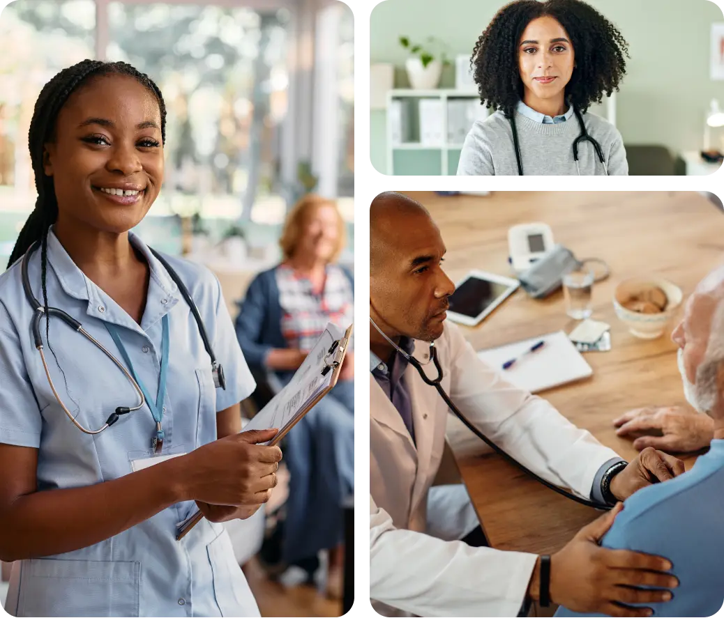 The image shows a diverse group of doctors and a doctor consulting with a patient.