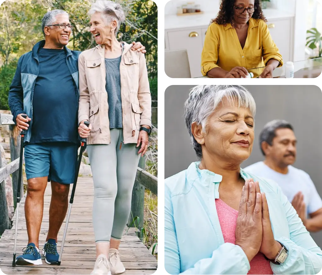 A diverse group of seniors enjoying nature, walking, exercising, and learning about Zing Health.