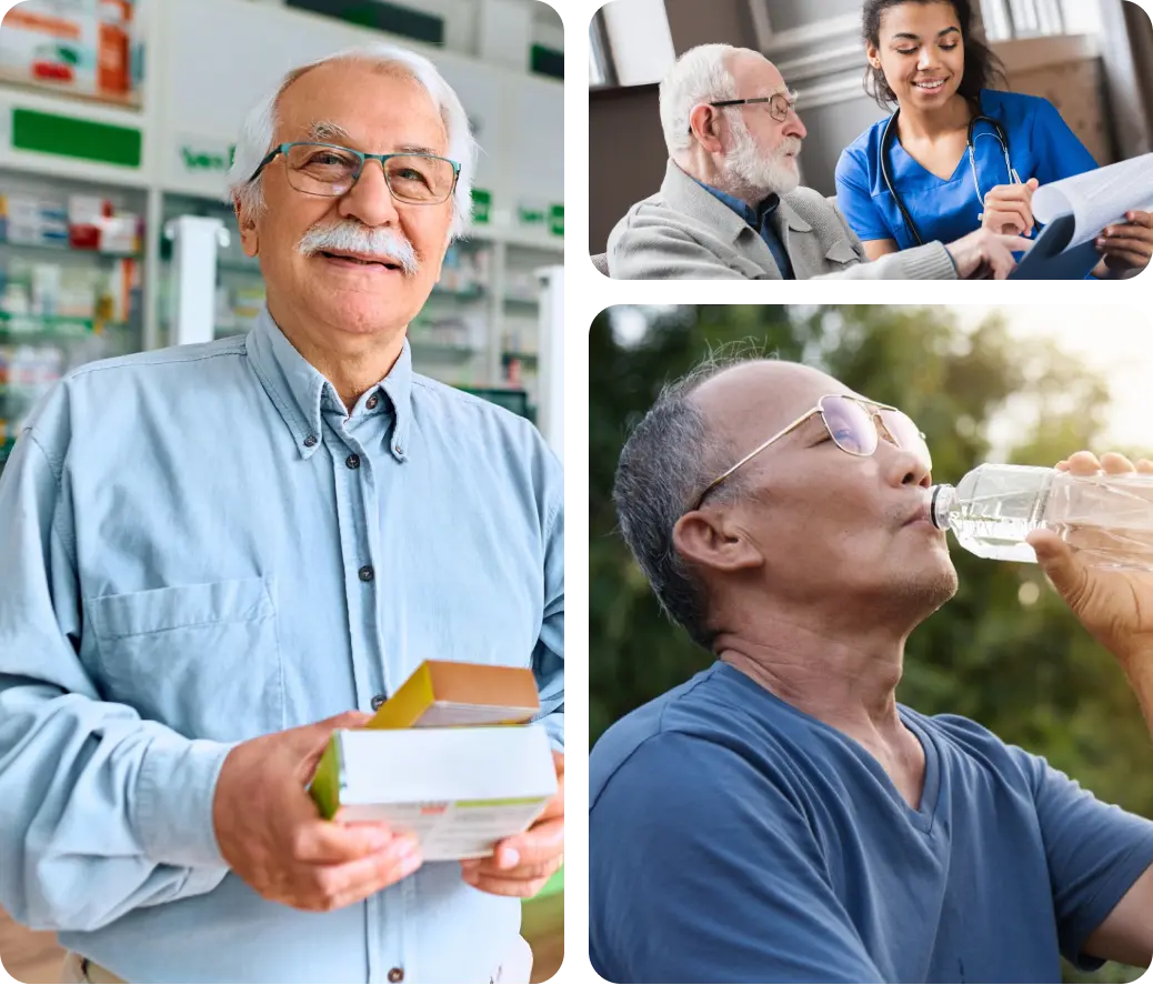 The image shows an older man receiving his medication while another is getting a health check.