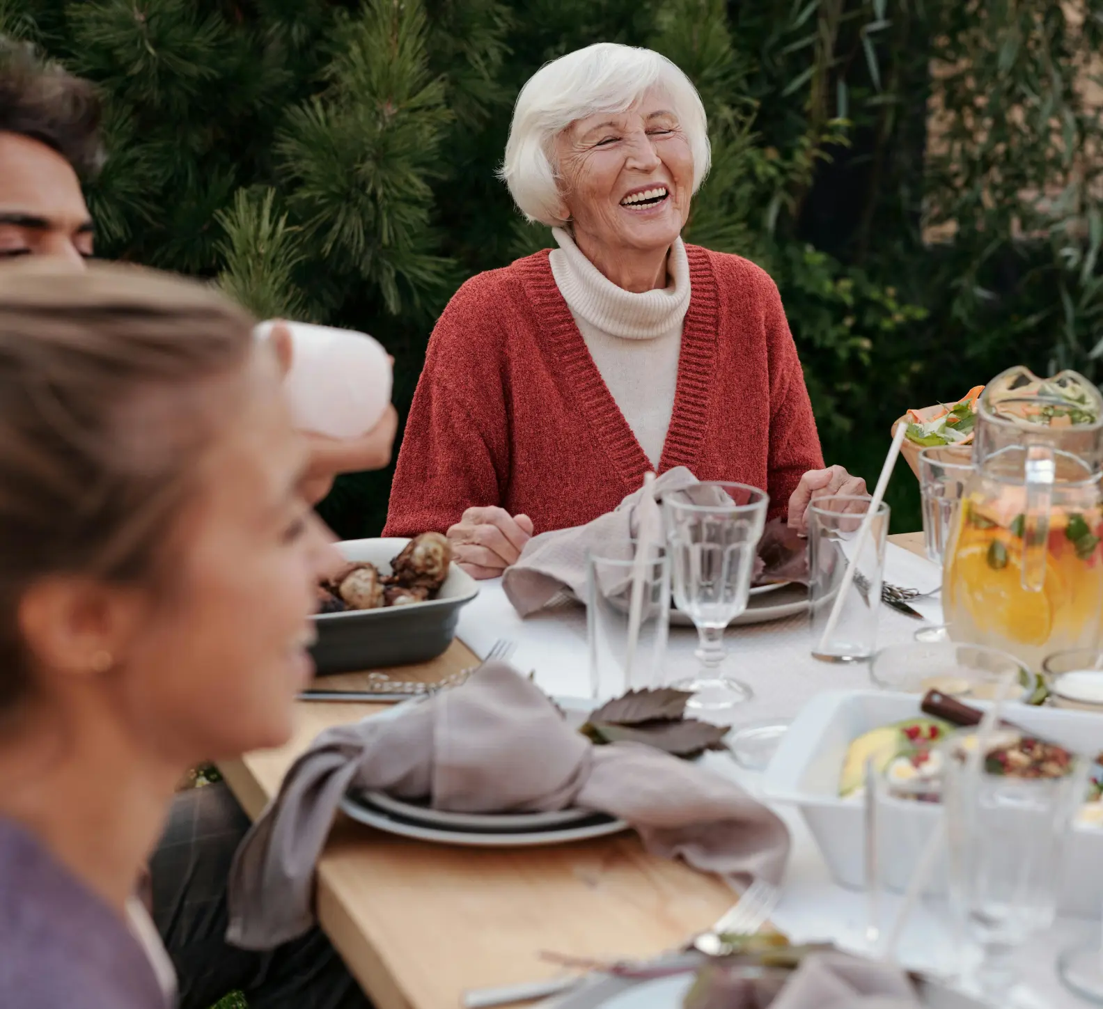 Happy woman on lunch table